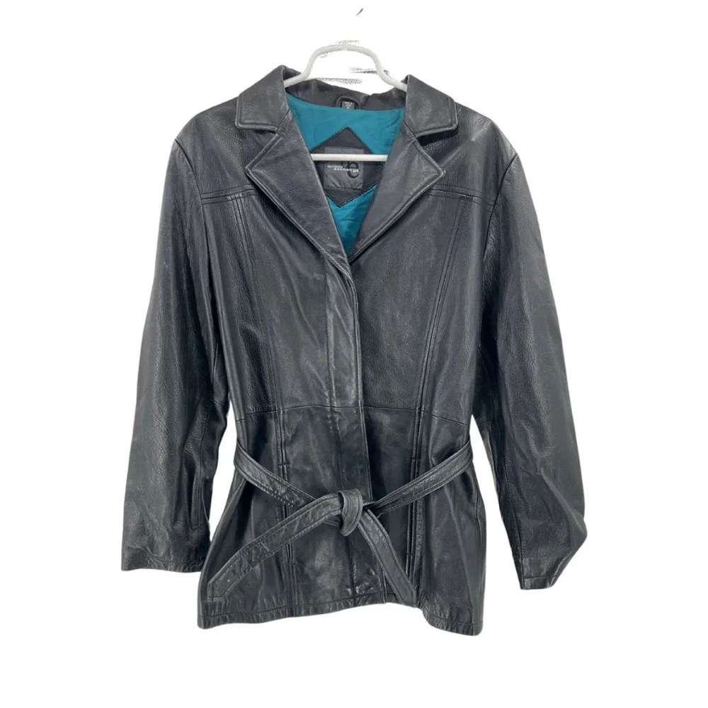 Outdoor Exchange leather jacket coat vintage tie waist medium belted black